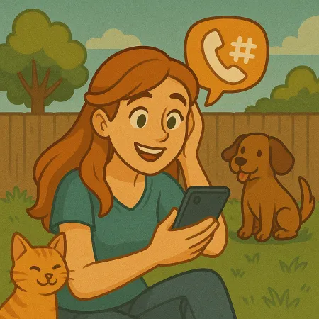 Roodharige vrouw zittend op het gras in een tuin, lachend terwijl ze naar haar smartphone kijkt. Een oranje kat ligt tegen haar aan en een bruine hond zit dichtbij. Een spraakballon met een telefoonicoon en een hekje zweeft boven haar, wat een telefoongesprek suggereert.