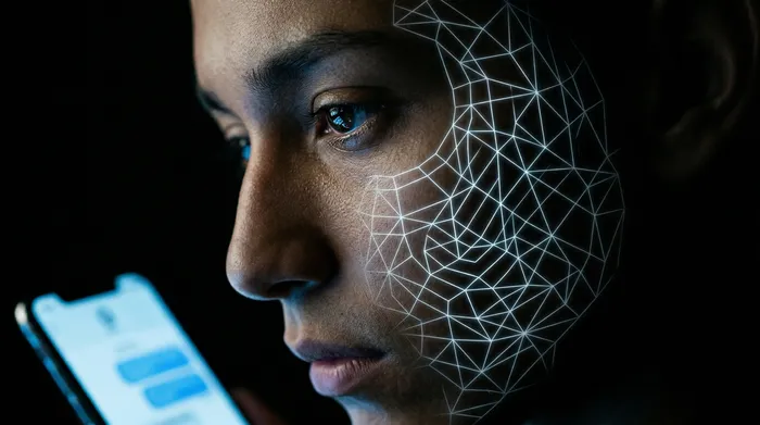 Een hand houdt een smartphone vast met een sloticoon op een berichteninterface, omgeven door een netwerk van oplichtende digitale verbindingen tegen een zwarte achtergrond, ter illustratie van mobiele databeveiliging.