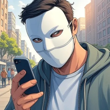 Een man met een witte masker en een capuchon kijkt naar zijn mobiele telefoon op straat in de stad. De afbeelding is uitgevoerd in een cartoon- of stripstijl.