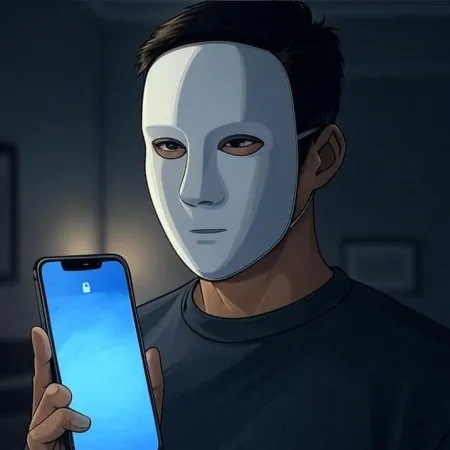 Iemand met een witte masker die een smartphone vasthoudt met een vergrendelscherm aan.
