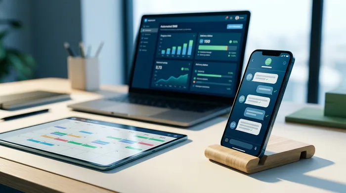Een afbeelding in twee delen die een smartphone toont: links een berichteninterface met een optie om het verzenden in te plannen, en rechts een herinneringsnotificatie op een houten bureau.