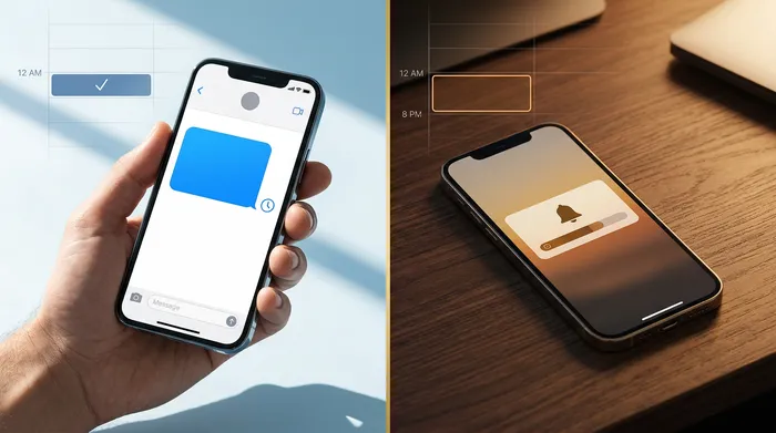Een smartphone met een berichtenapp ligt op een licht houten toonbank van een kapsalon, met professionele scharen en schoonheidsproducten op de achtergrond.