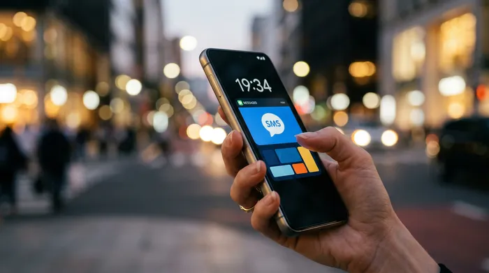 Een persoon die een smartphone vasthoudt waarop een berichtenapp te zien is, zittend aan een bureau met een laptop, een notitieboekje en een kop koffie.