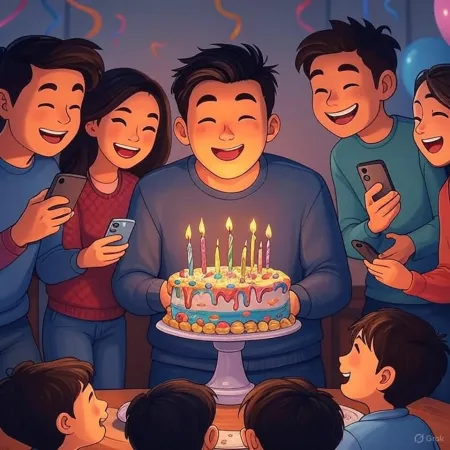 Illustratie van een verjaardag waarop een glimlachende man een versierde taart met brandende kaarsen vasthoudt, omringd door vrienden en dierbaren die foto's maken met hun telefoons.