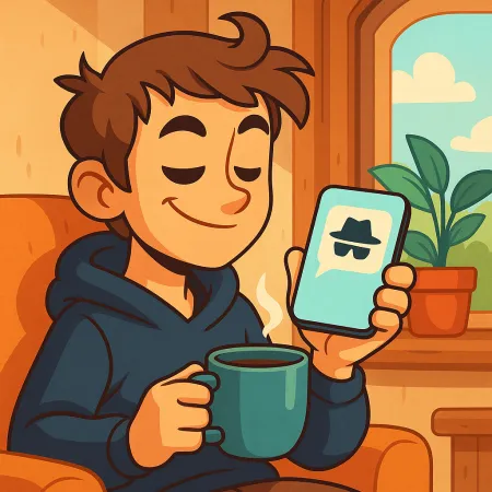 Illustratie van een jonge man die glimlacht, comfortabel zit met een kop koffie, een smartphone vasthoudt die een anonieme berichticoon toont met een hoed en een zonnebril.