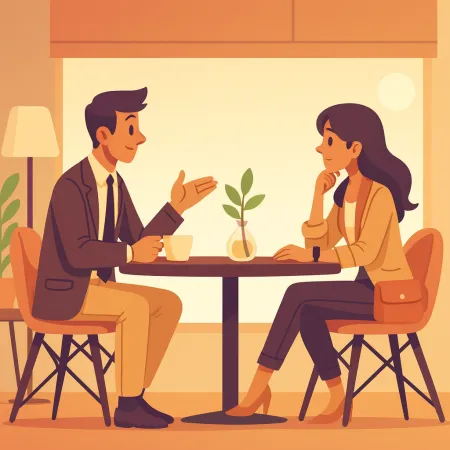 Illustratie van twee mensen die face-to-face in een café praten, een man in een pak en een vrouw in een chique casual outfit, zittend aan een tafel met een kleine plant in het midden